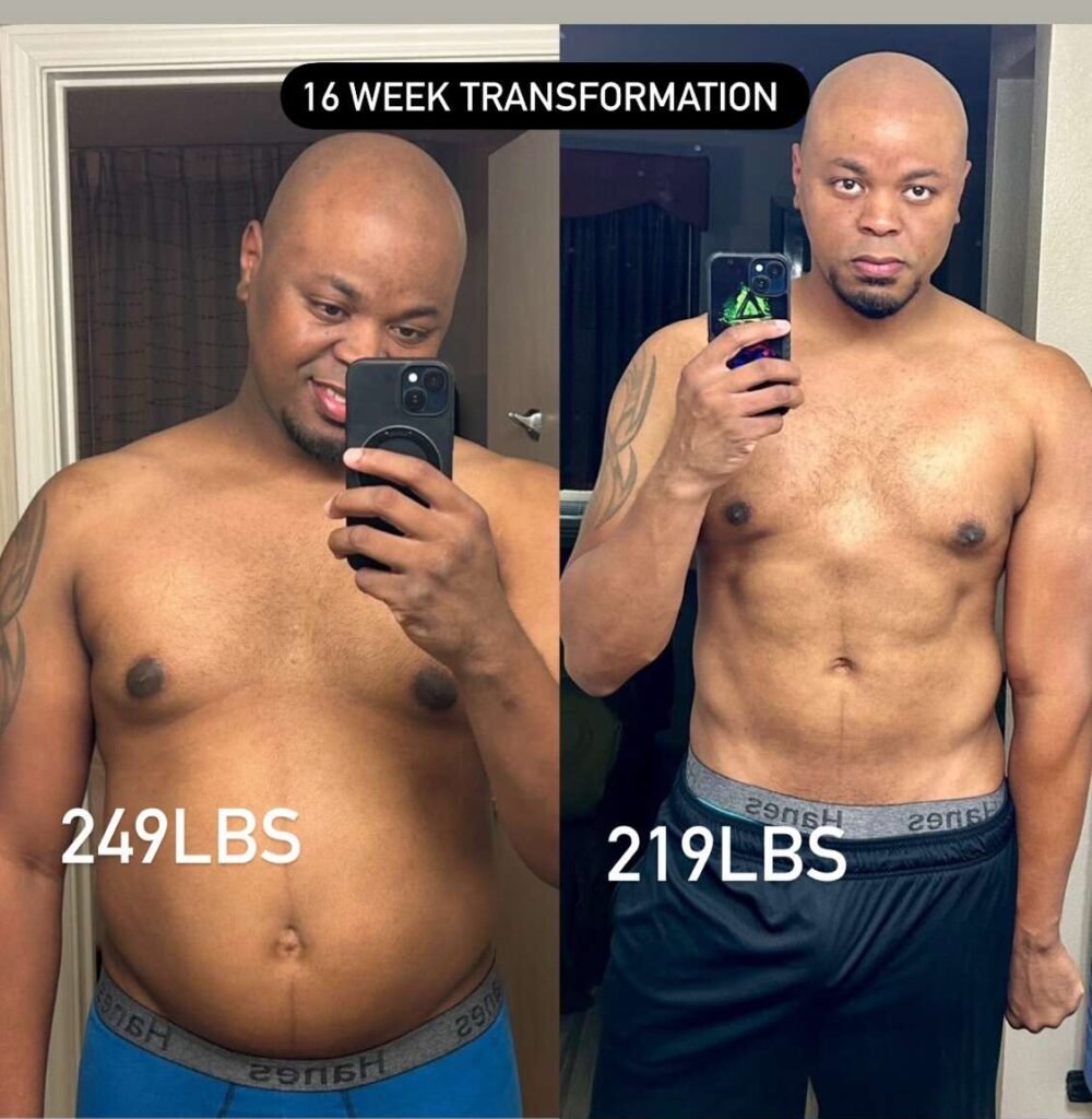 Client body recomposition result at Gryffon Performance in Dallas, TX — 30 pounds of fat loss in 16 weeks with added muscle mass and strength
