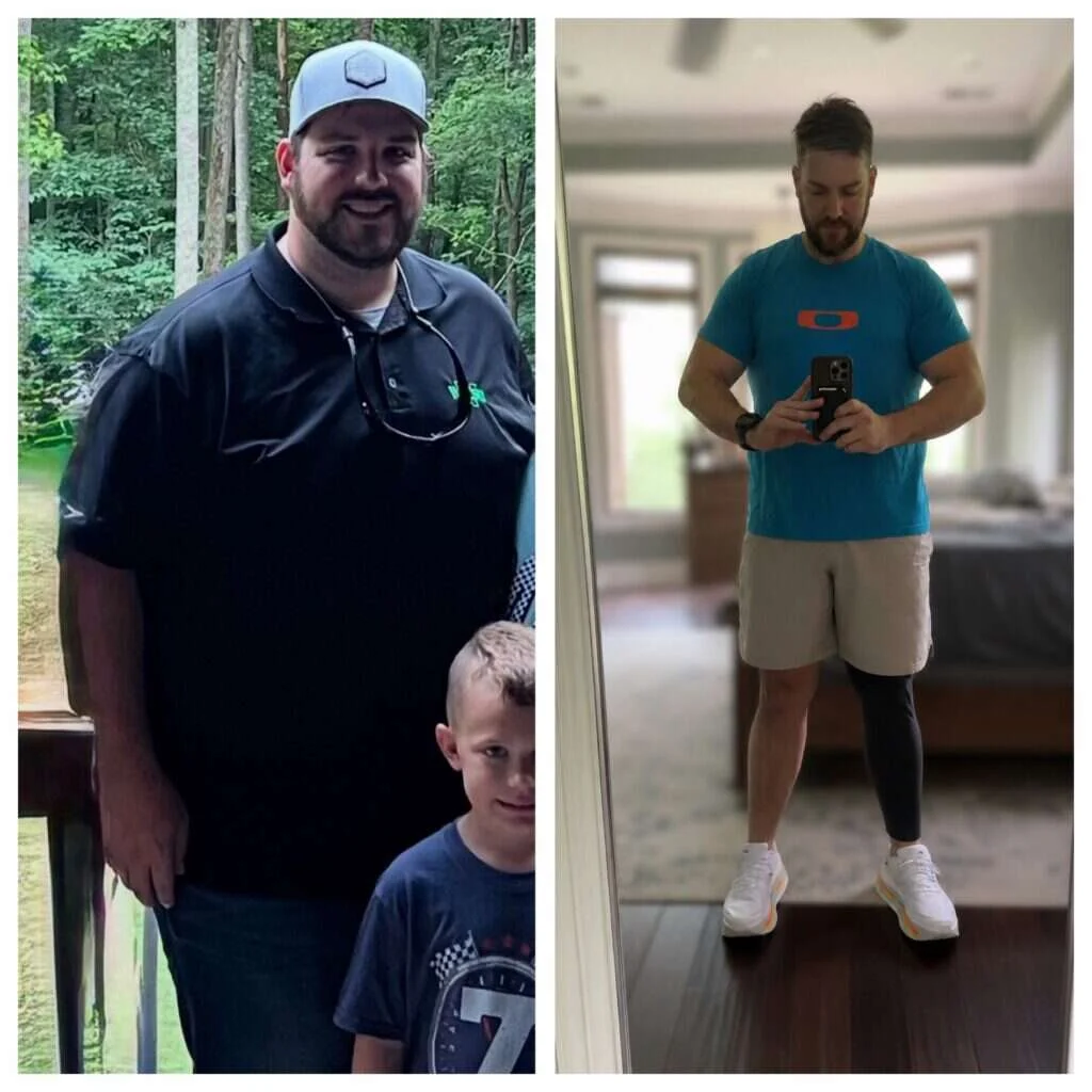 Male client body transformation at Gryffon Performance in Dallas, TX — over 100 pounds of fat loss in 10 months with increased bench press, squat, and deadlift
