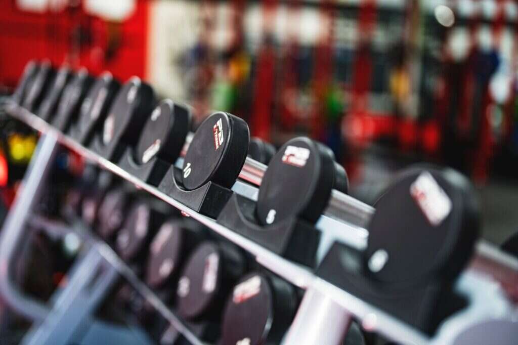 Row of dumbbells racked in a clean private training studio
