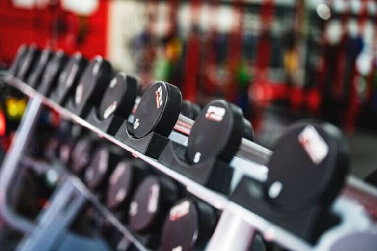 Row of dumbbells racked in a clean private training studio