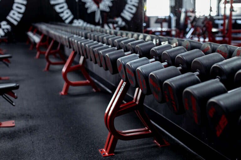 Full dumbbell rack running the length of the Gryffon Performance training floor