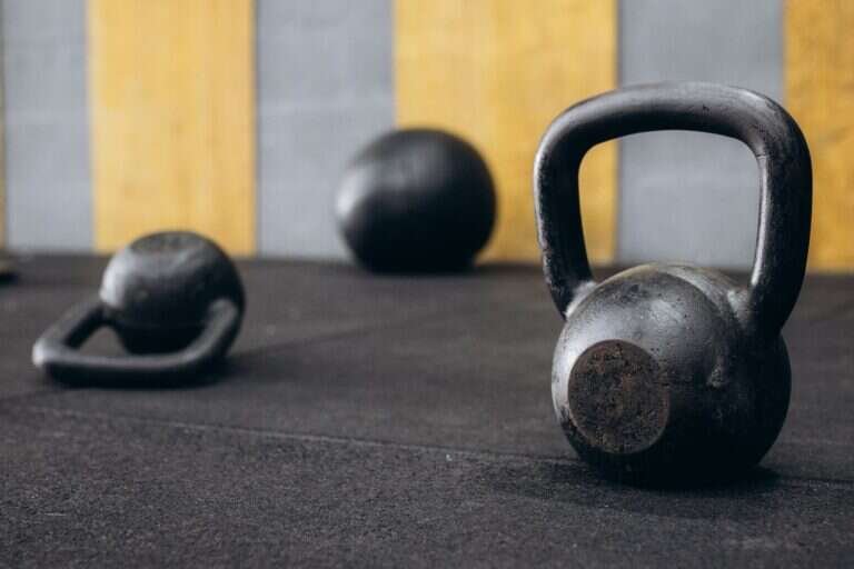 Kettlebells on a training floor set up for power work