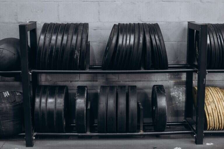 Weight plates racked in an organized gym
