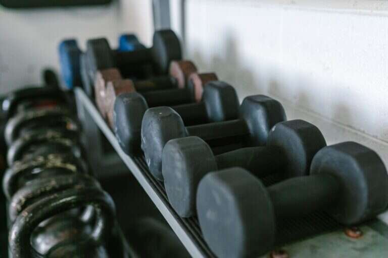 Dumbbells and kettlebells arranged on racks in a private studio